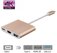 Адаптер 3 в 1 Type-C to HDMI+PD+USB 3.0 (цвет - серебристый или золотистый)